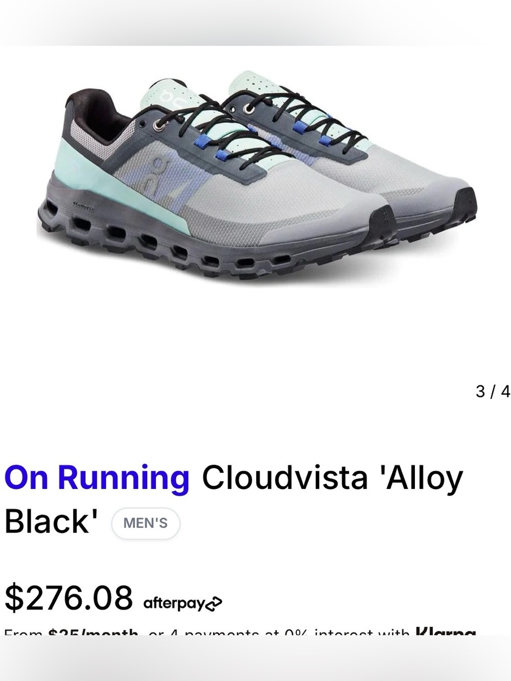 mens On Running Cloudvista 'Alloy
Black' like new , worn once sz 12